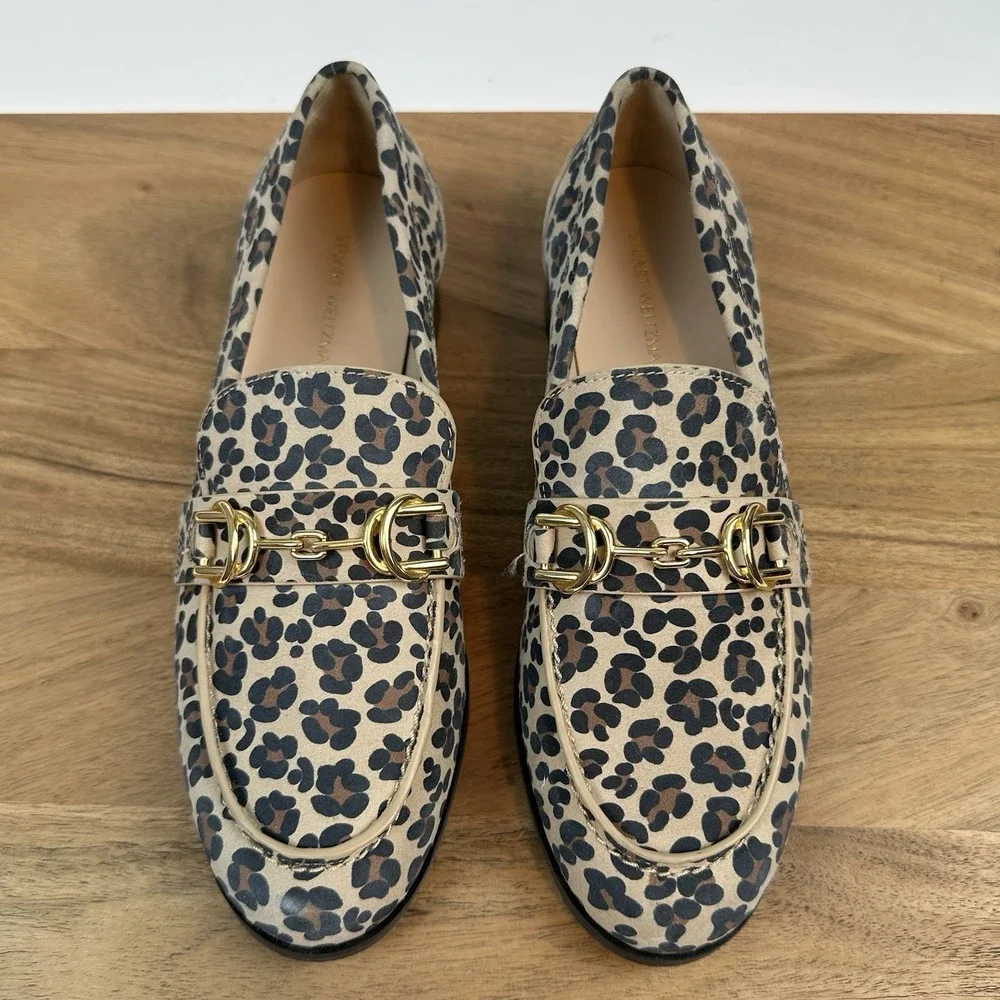Womens Stuart Weitzman‎ Owen Buckle Tan Leather Cheetah Print Loafers Size 5 B
